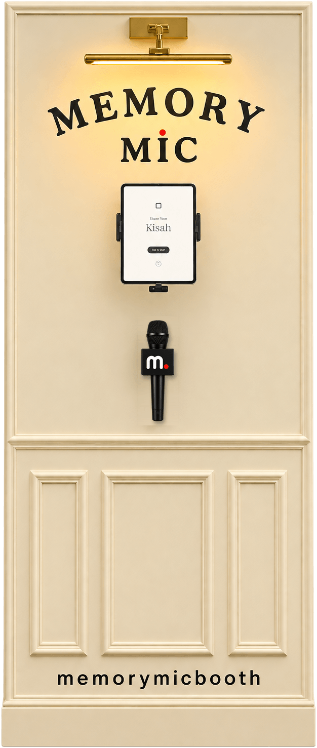 Memory Mic video guestbook booth with a screen and microphone